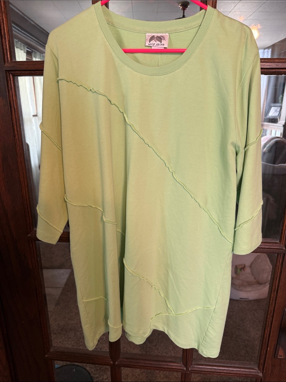 Wild Palms Womens XL Lime Green Cotton Tunic Top 3/4 Sleeve Exposed Seams